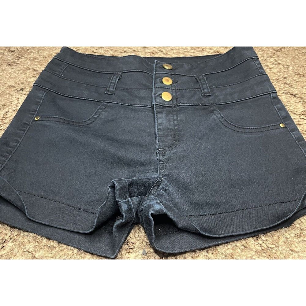 Refuge Short Shorts‎ Womens 6 Black Gold Button Cotton Blend Faux Pockets - Picture 7 of 7